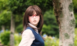 High school girl in hydrangea garden