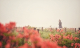 School girl in the fog